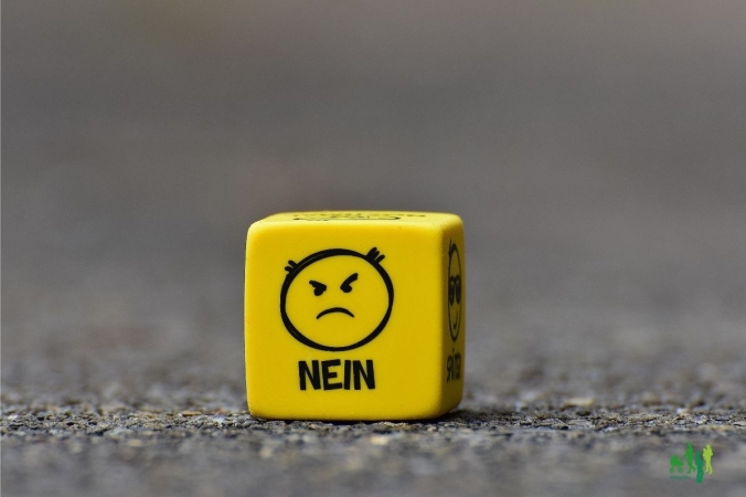 Wie oft sollen Eltern 'Nein' sagen?Bildbeschreibung: Gelber Würfel mit grimmigem Smile und dem Wort 'Nein'