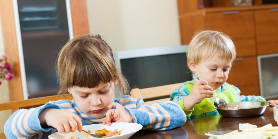 Zwei Kleinkinder sitzen nebeneinander am Tisch. Links ein Mädchen mit braunem, zum Zopg gebundenen Haaren und Pony, rechts ein etwas kleinerer Junge mit blonden, kurzen Haaren.Das Mädchen hat den weißen teller leicht gekippt und Löffelt irgendwas mit roter Soße.Der junge löffelt aus einer Edelsthlschüssel